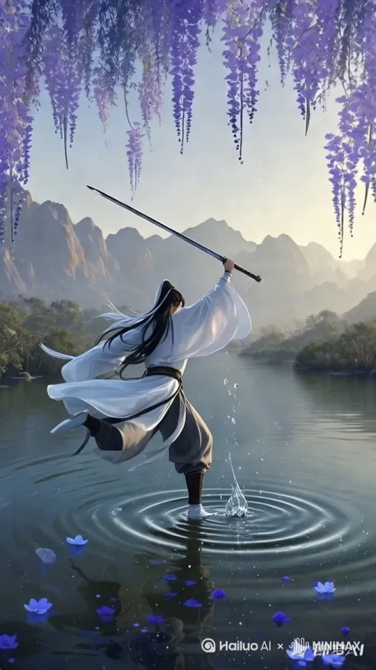 站在水面上，飞来飞去的，手舞着剑 by Hailuo AI Video Generator