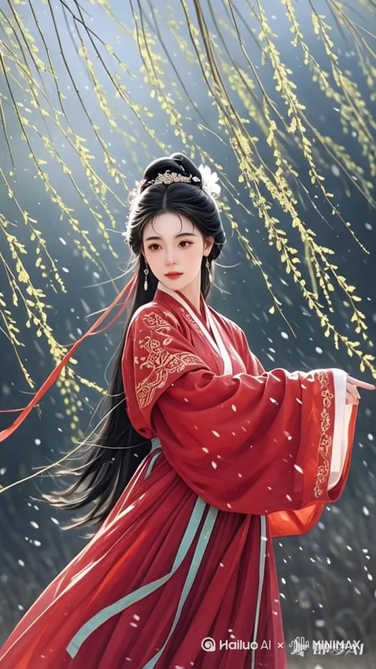 少女在旋转跳舞跳舞，镜头慢慢上升推进到少女脸部特写 by Hailuo AI Video Generator
