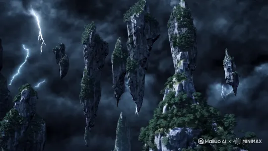 全景镜头：悬浮破碎仙山群峰，乌云雷电密布，3D动画渲染风格，虚幻引擎画质，水墨粒子特效 by Hailuo AI Video Generator