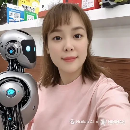 美女和机器人对话场景，一问一答，共有5个问题。她们对话都有转头动作 by Hailuo AI Video Generator