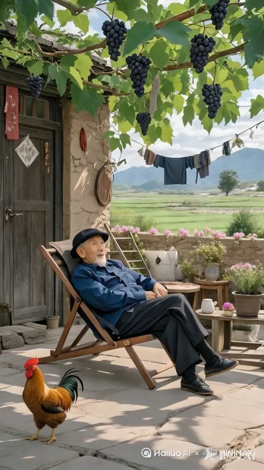 大公鸡在地上走来走去，老爷爷在微笑，微风吹过 by Hailuo AI Video Generator