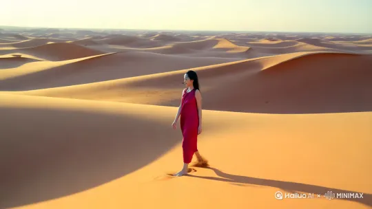 **1. 核心场景构建**  
"Extreme wide shot of endless desert dunes under golden hour, hyper-realistic sand texture with wind-blown粒子特效, a barefoot girl in flowing crimson silk dress walking alone, cinematic dust haze in air"

**2. 极致运镜序列**  
- 上帝视角："Drone视角从300米高空螺旋下降至人物特写，沙丘纹理由模糊到4K清晰"  
- 动态环绕："360° Steadicam环绕镜头，保持人物居中，背景沙丘产生动态视差"  
- 速度反差："Slow motion脚步特写(1000fps)接accelerated timelapse云层流动"  
- 超现实视角："Dolly zoom镜头从脚部沙粒微观世界拉出至广袤沙漠"  

**3. 电影级画面参数**  
"Arri Alexa 65电影质感，Fujifilm ETERNA胶片颗粒，anamorphic镜头眩光，高动态范围保留沙丘明暗细节"

**4. 增强氛围的物理特效**  
"Realflow模拟沙粒在裙摆扰动下的流体运动，Houdini风沙粒子系统，After Effects光尘路径跟踪"

**5. 高级摄影机参数建议**  
"建议在AI参数面板设置：  
- Motion intensity: 8.5  
- Dynamic range: 95  
- Texture detail: MAX  
- Camera shake: 细微手持震动(强度2.3)" by Hailuo AI Video Generator