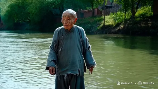 8K超高清中国武侠电影超现实主义风格，一位朴实的现代农村80岁大爷身穿破旧灰蓝上衣，大爷满脸皱纹显得很苍老，他衣物边缘参差不齐破破烂烂，增添几分沧桑感。大爷站在河边，随即施展轻功水上漂，在波光粼粼的江面上疾驰而过，激起层层细腻涟漪，他如蜻蜓点水脚不沾水，画面采用动态模糊与光迹特效，强化速度感与流畅性，快速移动的镜头捕捉每一瞬变化，营造疾速视觉冲击，令人屏息凝神。大爷快要接近对岸时施展轻功飞身掠至众人身后的砖瓦房顶之上，稳稳的站在房顶上，望着下方的人微笑，背景江岸上是乡村土砖瓦房和一些树木，堤岸上站满了围观者，中远景，高速追踪拍摄影 by Hailuo AI Video Generator