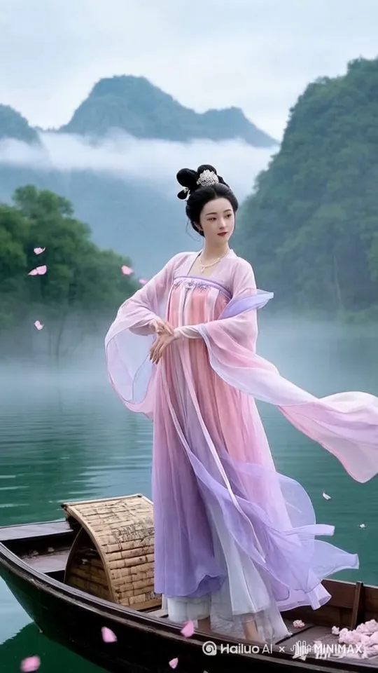 慢慢升向天空，快速高空跟踪镜头移动，无人机视角，一个超现实的高速梦境序列，一个穿着白色古装的中国美女站立姿势向前飞行，轻松地在云层之间滑行，身体完全伸展，双臂向两侧伸展，头部向前，捕捉平滑水平飞行的感觉。衣服随风摇摆，相机从略高位置的俯视角度紧密跟踪从左后方向右后方移动，保持对站立姿势的持续视角，随着角色迅速穿越场景。环境是动态的，快速变化，下面有云层，不断往后掠过的白云，远处高悬的大月亮，四周是闪耀的星空，运动模糊和光迹增强了速度感和流畅性。镜头跟随动态移动。 by Hailuo AI Video Generator