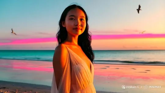 8K超高清电影级场景镜头,日出时分的热带海滩,一位20岁高挑优雅的中国女孩(纤细身材,自然五官,柔和东方美感),穿着微露的飘逸夏日长裙(半透明轻盈材质,优雅露肩或露背设计),清晨金色阳光洒在她细腻的肌肤上,微风拂动她的黑色长发(略带波浪感),眼神温柔凝视远方,背景是无尽的蔚蓝大海和绚丽朝霞(粉橙渐变),4秒长镜头缓慢右移跟拍,超真实皮肤质感(汗珠/细微绒毛),专业电影级布光(侧逆光+轮廓光),柔和景深营造虚实层次,湿润沙滩反射晨光,海鸥低飞掠过,灵感参考王家卫《花样年华》的美学色彩+李屏宾的摄影构图,Arri Alexa 65摄影机拍摄,自然电影胶片质感 by Hailuo AI Video Generator