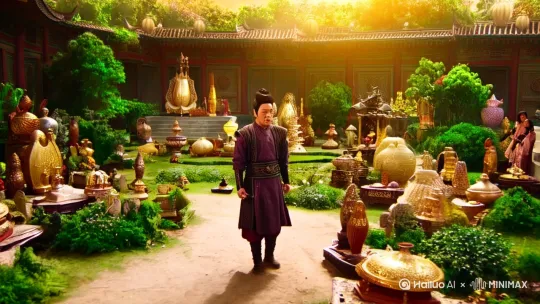 主角被系统坑了，以为自己是个弱鸡，有个小院子里面全是绝世珍宝，后来被两个绝世宗门发现了，两个宗门为了宝物大打出手，打的昏天黑地的，周边的小宗门被波及了，后来主角感觉太吵，把神兽狗扔出去了，之后狗子生气了给两大宗门打了一顿，之后两个宗门让圣女去接触，之后男主角不经意间送给两个圣女生活用品，被她俩当成神物，之后拿了点井水返回宗门，救好了宗门老祖，在之后两个宗门一起去道谢，一起吃饭，之后告诉了主角他无敌了，在之后主角开始出去玩，开始被两个圣女拉着满世界玩，偶尔遇到神兽就收服，后来院子里全部都是神兽，一出门吓坏了周边的宗门， by Hailuo AI Video Generator