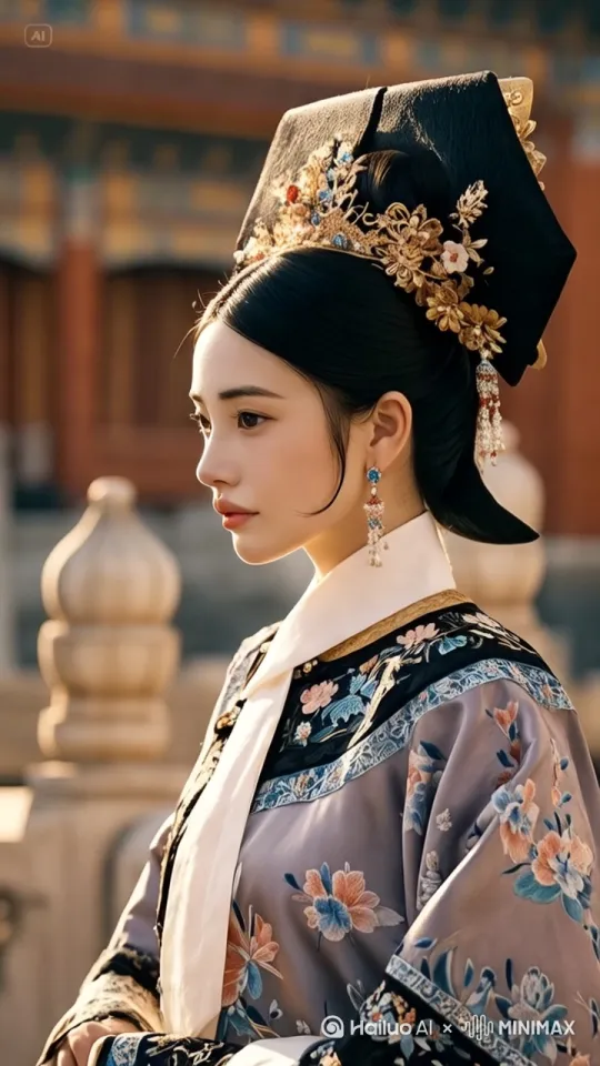 [左移,推进,右摇]，宫装美女挥手致意 by Hailuo AI Video Generator