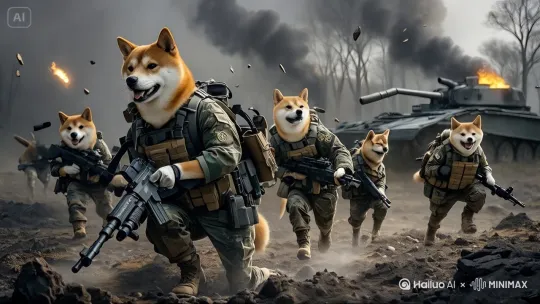 [左摇,跟随,左移]柴犬拟人化形象，穿着磨损军服佩戴战术装备，侧身持机枪行进，周围五只同类型武装柴犬士兵保持战术队形，快步行进，焦土战场布满弹坑和废弃坦克残骸，背景幽暗枯树林轮廓中漂浮弹药燃烧的黑色烟雾，左摇镜头视角呈现动态行军状态，阴郁天光与枪械金属光泽形成低饱和对比，战术背心织带和耳毛发细节高清，荒野沙尘附着军靴特写，悬疑紧张氛围通过景深虚化的远方硝烟表现 by Hailuo AI Video Generator