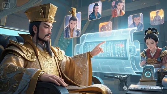 玉帝手在屏幕上滑动，空中屏幕中人在说话 by Hailuo AI Video Generator