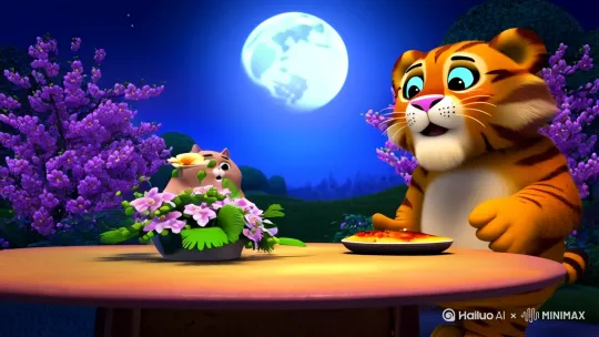 明月明月当空的夜晚，以及肥胖的金丝猫和一头健壮的小老虎。坐在一张圆桌旁，圆桌上有一盆盛开的梅花，一盆盛开的蝴蝶兰。小老虎微笑着给金丝猫微吃嘛婆豆腐，小猫一边高兴的吃，一边开心的伸出大拇指还时不时的亲亲小老虎，小老虎微笑满面。 by Hailuo AI Video Generator