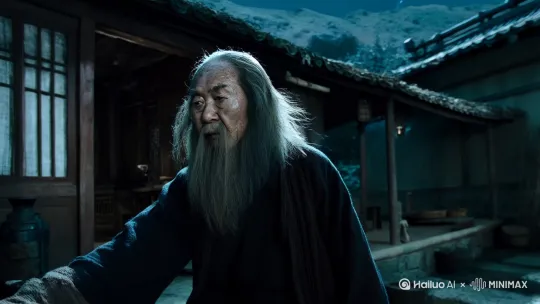 - 窦荣光在泰山脚下的一家客栈中遇到了一位长须老者，这位老者看似风烛残年，实则是一位江湖大盗。
- 半夜，窦荣光发现客栈外有剑光闪烁，便跟随一位大和尚来到[左移,推进,右摇]山石上观战。
- 只见长须老者与一位年轻女子在月光下展开激战，剑光闪烁，人影难辨。[推出,上升,下摇]
- 最终，年轻女子凭借高超的剑术击败了长须老者，并割下了他的头颅。[右移,左摇,跟随] by Hailuo AI Video Generator