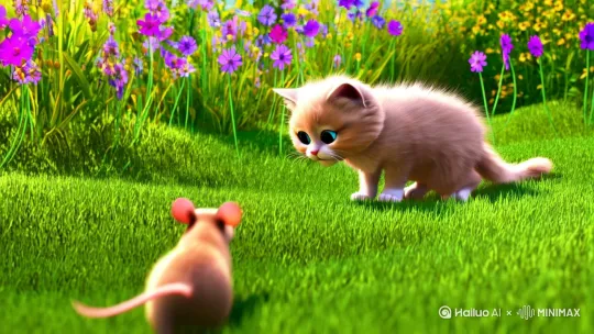 一只小猫捉一只老鼠，并相互调戏 by Hailuo AI Video Generator