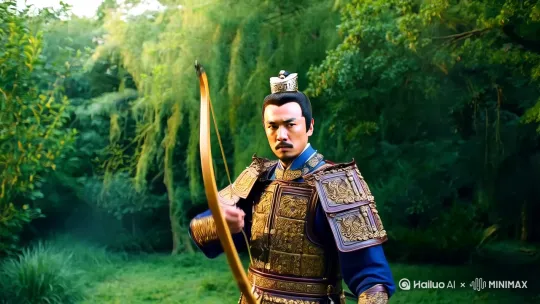 一个中国古代武将正在射箭，射中了一只鸟 by Hailuo AI Video Generator