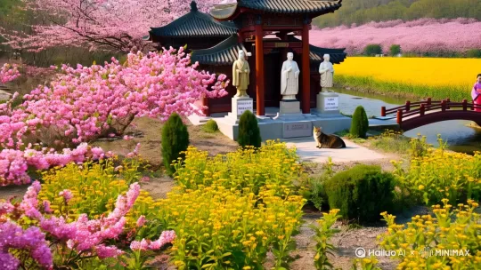 帮我设计一个徐氏宗祠文旅景区，户外桃花梨花油菜花，祠堂内摆设规矩，一只狸花猫在祠堂门口晒太阳，祠堂旁有一条小溪，绵延到油菜花田，净屋内还有一处全是徐氏名人塑像，有一个功名碑，都是捐赠的徐家后人名字，小溪上有一座小桥，桥上有一位穿汉服的徐家小主。 by Hailuo AI Video Generator