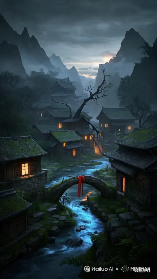 1. 0-1秒：迷雾中的古村轮廓
 
- 镜头：无人机俯拍+低角度仰拍组合，展现山谷中被晨雾笼罩的清平村全景。
 
- 视觉元素：
 
- 青灰色石墙房屋沿山势错落，屋顶覆盖斑驳青苔，墙面渗出暗绿色水渍。
 
- 村口歪斜的木牌上，"清平村"三字已被风雨侵蚀，仅存模糊轮廓。
 
- 前景枯树枯枝横斜，树干上刻满螺旋状神秘符号（参考神秘符号设计）。
 
- 调色：冷青色基调，色温3000K，对比度+20，阴影部分添加噪点（参考丧系调色）。
 
2. 1-2秒：林宇的探险装备
 
- 镜头：手持跟拍+特写，聚焦林宇背包上晃动的登山扣。
 
- 视觉元素：
 
- 背包表面沾着泥土与枯叶，侧面口袋露出半截泛黄的笔记本（封皮印有"清平村志"）。
 
- 镜头突然拉近，金属登山扣映出扭曲的树影（暗示被监视感）。
 
- 音效：背包摩擦声+远处乌鸦啼叫（参考紧张悬疑音效）。
 
3. 2-3秒：诡异符号与地陷
 
- 镜头：快速切换的特写镜头，配合镜头畸变。
 
- 视觉元素：
 
- 树干上的符号突然清晰，呈现类似眼睛与蛇形的组合（参考神秘符号）。
 
- 地面凹陷特写，边缘有类似人类指甲抓痕的痕迹，中心杂草被压成辐射状（参考地陷足迹）。
 
- 音效：金属刮擦声+低频次声波震动（模拟心理压迫）。
 
4. 3-4秒：祠堂的召唤
 
- 镜头：移轴镜头从地面凹陷升至远处祠堂。
 
- 视觉元素：
 
- 祠堂飞檐上挂着褪色的红布，随风飘动如滴血的舌头。
 
- 门楣上"刘氏宗祠"匾额歪斜，门环处凝结黑色黏液。
 
- 音效：门轴吱呀声逐渐放大，混入若有若无的啜泣声（参考恐怖音效库）。
 
5. 4-5秒：白色鬼影闪现
 
- 镜头：高速推近祠堂门缝，突然出现苍白人脸。
 
- 视觉元素：
 
- 门缝中露出半张脸，皮肤呈青灰色，瞳孔扩散成黑色。
 
- 嘴角上扬形成非人类弧度，牙齿间渗出暗红色液体。
 
- 音效：尖锐的高频耳鸣声+心跳加速声（参考恐怖背景音乐）。 by Hailuo AI Video Generator