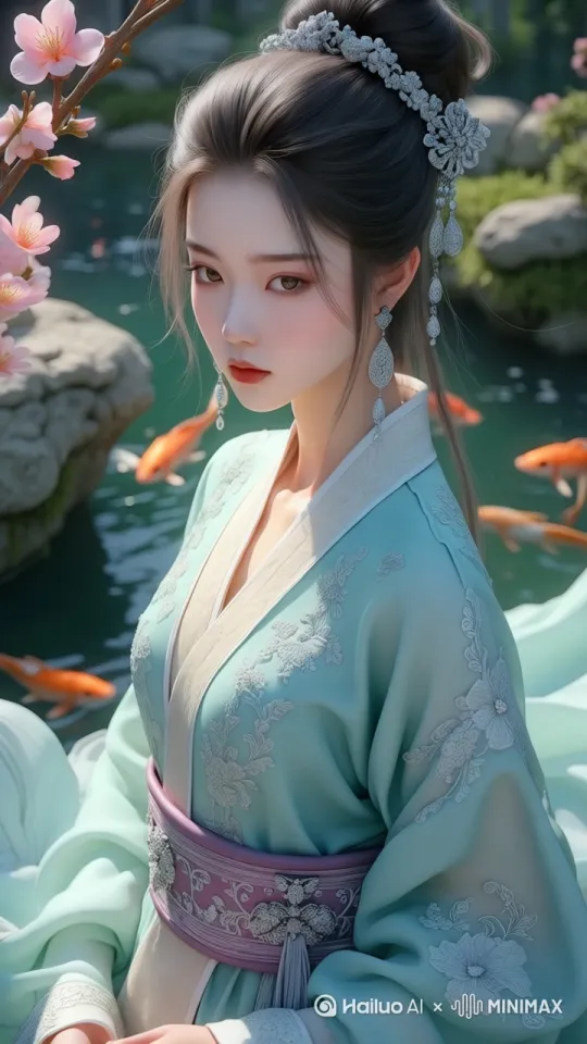 女主抬手轻撩头发，鱼儿水中游动，水波荡漾，围绕主体环绕运镜 by Hailuo AI Video Generator
