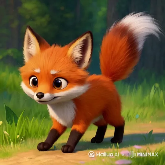 小狐狸在森林中愉快的奔跑，突然发现前面的小刺猬， by Hailuo AI Video Generator