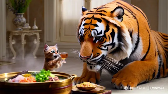 老虎和小猫一起吃火锅，互相碰杯喝酒 by Hailuo AI Video Generator