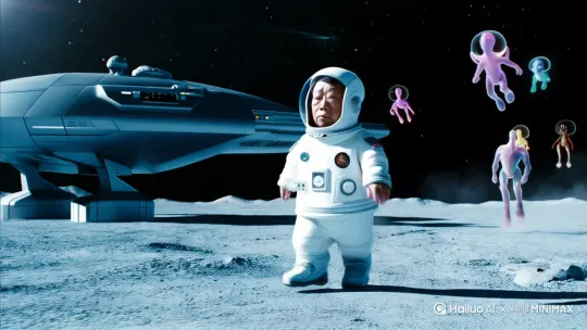 This man is a small dwarf and he walks on the moon surface with the spaceship,aliens and stars in the background. by Hailuo AI Video Generator