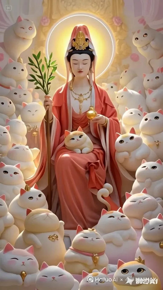 三维古风，国风光影，观音菩萨人像，端坐在莲花宝座之上。菩萨面容慈祥，眉如小月，目似双星，眼神中充满了无尽的慈悲与怜悯。很多可爱胖猫咪
 
头戴宝冠，宝冠上镶嵌着璀璨的明珠和宝石，光芒四射。身披红色的天衣，天衣随风飘动，轻盈而飘逸。
 
右手持杨柳枝，柳枝翠绿欲滴，洒下清凉的甘露，象征着救苦救难。左手托着净瓶，净瓶中插着杨柳枝，瓶中甘露常满，能消灾解难。
 
菩萨周身散发着柔和的佛光，佛光如金色的光环，笼罩着菩萨，神圣而庄严。
 
背景是一片祥云瑞彩，五彩的云朵翻腾涌动，营造出一种超凡脱俗的氛围。
 
菩萨的形象高大而威严，给人以心灵的慰藉和安宁。
 
整体色调以金色、红色为主，突出观音菩萨的神圣与慈悲。 by Hailuo AI Video Generator