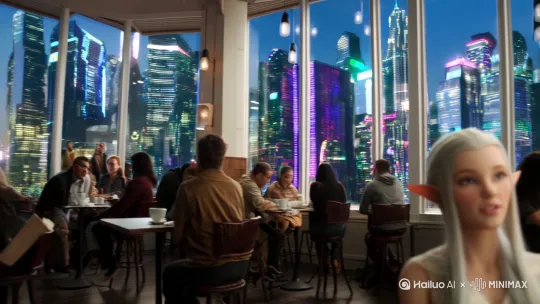 咖啡馆中热闹非凡，窗外是赛博朋克摩天大厦，镜头一转，一个美丽的女精灵抬着一杯美式咖啡看向镜头，微微一笑 by Hailuo AI Video Generator