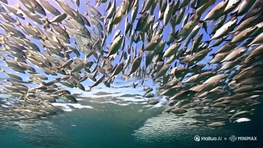 仰拍视角：第银鳞鱼群从头顶掠过，形成流动的星芒矩阵（鱼群擦身时带起的水流波动特写） by Hailuo AI Video Generator