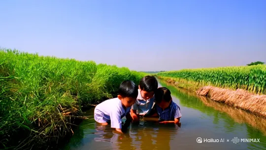 在80年代的中国农村 一个夏日的午后 3个小娃娃在麦田旁边的小河沟抓小鱼 [右摇,变焦推进]一个小娃娃高兴举着手里的小鱼 另外两个小娃娃满脸羡慕的盯着摇头摆尾的小鱼[推进] by Hailuo AI Video Generator