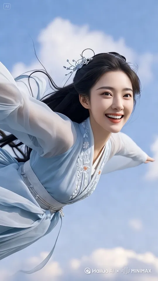 优美的俯冲姿势飞翔，脸上挂着甜美的微笑，望着镜头画面，通过低角度的镜头完美展现了她优雅的全身姿态，女子顺滑的绣花随风自由飘扬，精致的浅蓝色古装服饰，完美贴合她的身材，光影效果极为细腻，真实配合8K超高清画质，仿佛是好莱顶级大片中令人惊艳的一幕 by Hailuo AI Video Generator