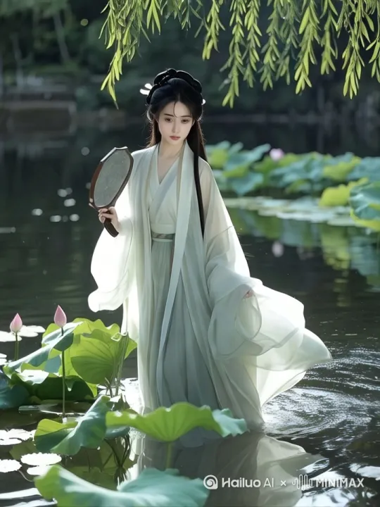 镜头缓缓推进，聚焦在美女身上，捕捉她手持玉镜的每一个细节，水面反射的光斑闪烁。美女轻轻挥动玉镜，水面开始剧烈波动，形成一道水幕。她轻盈地跃入水中，身体在水中游动，水幕跟随她的动作，形成一道【水遁】轨迹。最后，她和整个水幕一起消失在池塘深处。 by Hailuo AI Video Generator