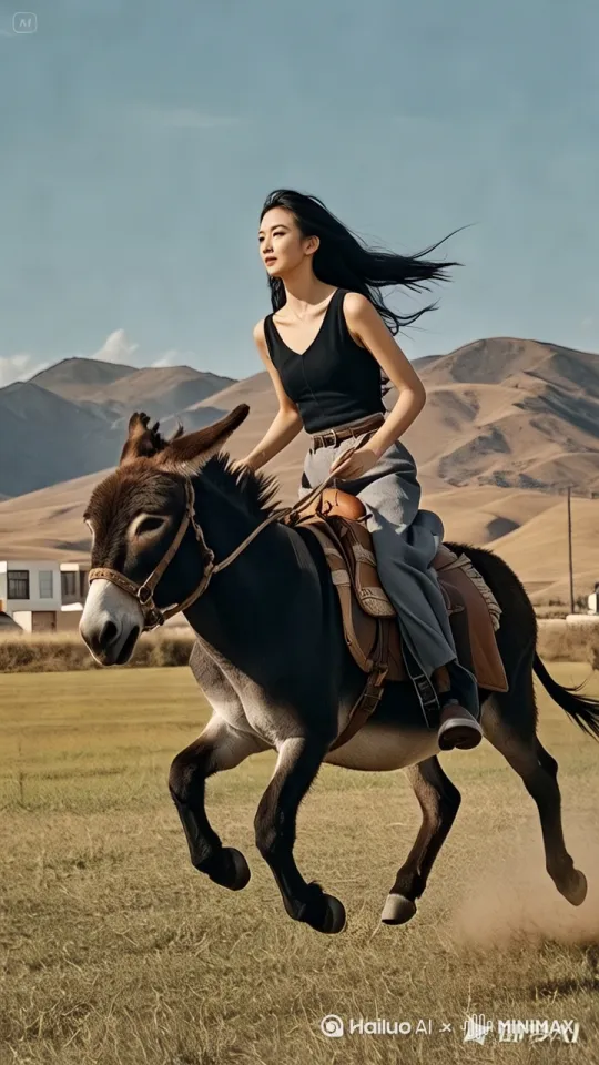 现代美女，驭毛驴飞驰，平地腾空而起，串房越脊，豪情不减当年勇；不羁身姿掠过风烟，尽显别样洒脱态。 by Hailuo AI Video Generator