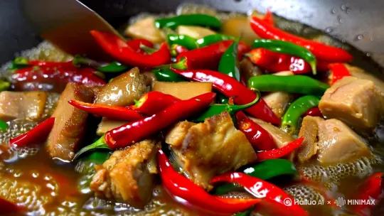 开场镜头：热油爆炒辣椒和肉片的动态特写（慢动作），背景有锅铲翻炒声 by Hailuo AI Video Generator