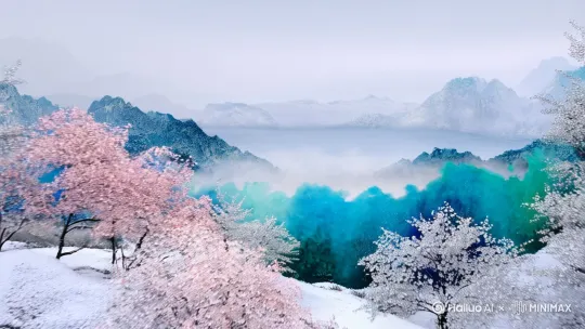 国风大写意，水墨艺术，喷绘，以石青，钛白，钛青，花青，冰蓝，翠绿，藤黄，玫瑰金，亮银，闪光粉，珠光粉，雪，融合成空灵，孤寂，山水意境，极简，大面积留白，以此山水意境为远景。远景朦胧虚化，水墨融合在一起的绝美远景。浅景深，中景部分以朦胧雾大面积留白。
近景是古风木屋，渐变极致唯美意境，梦幻，近景着重描绘，渐变层次感，艺术感，设计感。 画面厚重有电影质感。写实 by Hailuo AI Video Generator