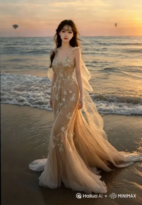 漫步在海滩上，享受海风的吹拂，发丝随风飘扬，海浪打湿裙摆 by Hailuo AI Video Generator