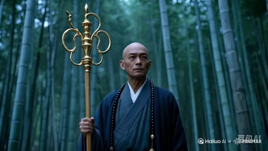图片中的人物环视四周，镜头上移，身后突然出现一条大白蛇，大白蛇张开大口，露出尖尖的獠牙。[推出,上升,下摇] by Hailuo AI Video Generator