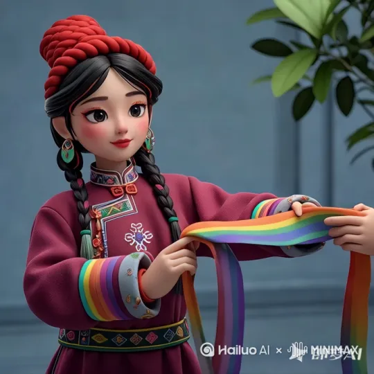 人物旋转翩翩起舞[左移,右摇,跟随]，双手抛起腰带[推出,上升,下摇] by Hailuo AI Video Generator