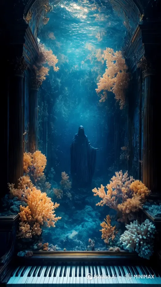 水下圣殿全景镜头从钢琴基座升起，霓虹流体包裹的透明圣殿中，长袍先知悬浮于动态符文鱼群中央。虹光海水折射出微缩星云气泡，魔鬼鱼用光尾书写发光的古海文字，章鱼触须延伸出水晶珊瑚枝。先知抬手瞬间液态黄金光束穿透翡翠质感的海水，钢琴键下沉触发海底裂谷特效，背景深渊浮现由发光触须构成的水母王座。漩涡式环绕镜头捕捉瞳孔投射的全息鲸鱼，亚特兰蒂斯全息投影在液态翡翠背景中闪现0.8秒，星尘织物长袍与量子颤动镜头同步波动，Dazzling级圣光穿透虹光水体，魔法粒子以最大密度环绕先知形成神圣光晕。 by Hailuo AI Video Generator