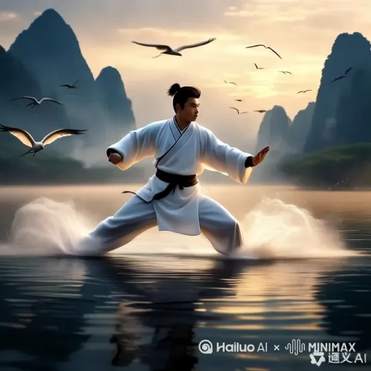 1图中人物在水面水飞跑，两是只是轻点水面表演一种水上漂轻功绝技[右移] by Hailuo AI Video Generator