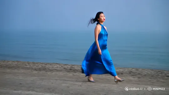 22岁中国美少女以0.6m/s步速沿海岸线漫步，172cm身型穿雾霾蓝真丝挂脖裙。技术参数包括：

皮肤质感：LAB色值L=96.5丨a=+1.3丨b=-2.7，次表面散射强度0.4
动态系统：裙摆布料模拟精度85%+发丝飘动与5.2m/s海风同步
光学特效：透明水晶装置折射彩虹光斑（波长580-620nm）
镜头语言：35mm广角低机位跟拍，焦外光斑呈现六边形结构
色彩工程：Rec.709色域限制，R通道饱和度≤40%，青橙色调比例3:7 by Hailuo AI Video Generator