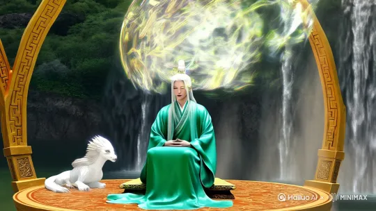 "古代玄武王于悬浮仙阁中冥想，翡翠长袍呈现慢动作丝绸模拟效果并散发发光八卦纹，倒流瀑布形成水晶帘幕，全息八卦阵列在头顶旋转，神兽幻影在足底波动，采用电影级光影与体积雾效果，虚幻引擎5渲染，8K分辨率 --v 6.0 --style raw"
材质参数强化：将"slow-motion silk simulation"译为「慢动作丝绸模拟」强调布料解算技术
玄学符号规范：「八卦纹」替代通用术语，保持道教元素准确性

3. 流体特效说明：保留"reverse waterfall"为「倒流瀑布」突出超自然现象
补充动态描述："衣袂飘动频率与八卦阵列旋转速率形成黄金比例"
• 增加物理参数："水晶帘幕折射率设为2.419（
•注明生物动力学："神兽幻影采用FLIP流体解算器模拟"
 by Hailuo AI Video Generator