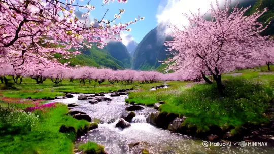 2. 超高清32K画质，展现山间春日美景，漫山遍野盛开着粉白相间的樱花，一条清澈见底的溪流穿梭其中，溪水撞击石头溅起晶莹水花，溪边绿草如茵，点缀着五彩斑斓的野花，远处青山连绵，云雾缭绕在山腰，仿佛人间仙境。 by Hailuo AI Video Generator
