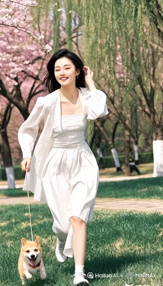 美女牵着小狗慢跑，头发飘逸，相机移动，镜头跟随，智能运镜 by Hailuo AI Video Generator