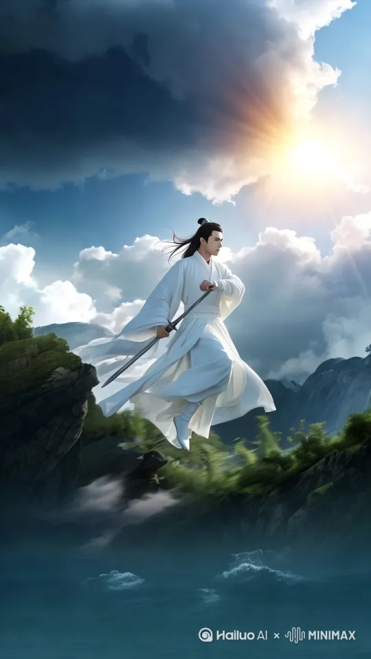 飞檐走壁，背景快速虚化，武艺高强，白发飘逸，微运镜跟拍，整体呈现高级电影感效果，8K丝滑，高表现杰作。 by Hailuo AI Video Generator
