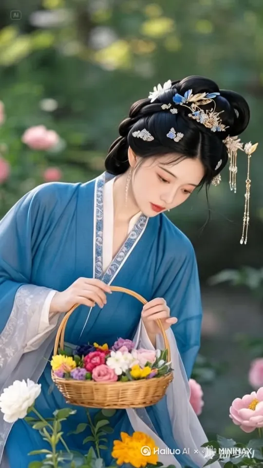 [左移,上升]/采摘完手提花篮坐莲台飞升空中撒百花瓣 by Hailuo AI Video Generator