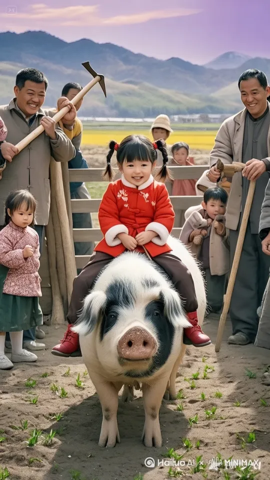 镜头移动，母猪在场地中左右奔跑、上下跳跃、疯狂跳跃，小女孩紧紧骑在母猪身上 by Hailuo AI Video Generator