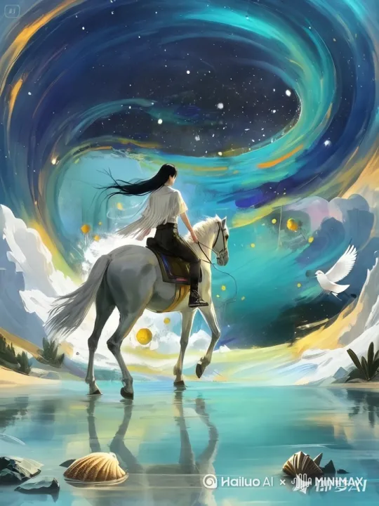 [左移,推进,右摇]背景的星空缓缓旋转，画面下方的水面缓缓波动，画面中心的女孩骑着白马，白马缓缓向右边走去，核心：白马运动姿势符合真实运动规律 by Hailuo AI Video Generator