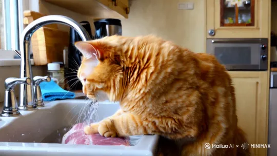 一只黄色大橘猫正在标准的厨房在水槽中用自来水冲洗猪肉，画面要真实，符合人洗肉的效果 by Hailuo AI Video Generator