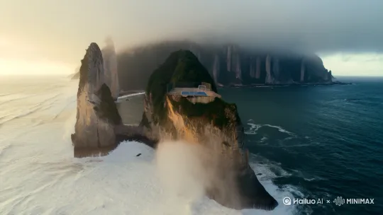 先是远景，从海边悬崖脚下往上望，悬崖高耸，海浪汹涌。海边大雾弥漫，有一个高高的悬崖，悬崖类似破边洲那种石柱。悬崖半山腰有一个露天篮球场。 这时候镜头缓缓推进，篮球场是一个比较老旧的，四周仍是雾

画面要比较明亮，但是仍是雾气弥漫 by Hailuo AI Video Generator