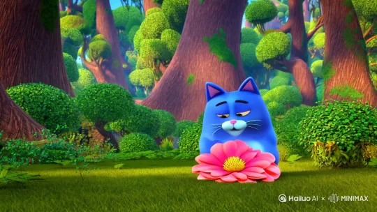 在大森林里，一只卡通蓝色胖猫先是拿起一枝花，然后拿起一片叶子，看了看叶子最后拿出一根枝干跑开了。生成10秒的视频 by Hailuo AI Video Generator