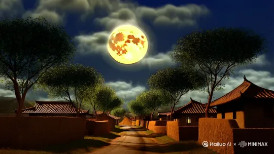 现实摄影风，90年代农村夜景，土质围墙，瓦房，道路两边都是大树，天空中月亮又大又圆，树木的影子投射到路面上，天空中有云层，中景 by Hailuo AI Video Generator