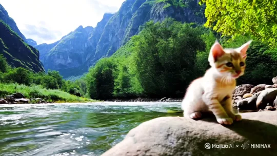 在一个青山在一个青山绿水，环境优美的河边，小猫在钓鱼 by Hailuo AI Video Generator